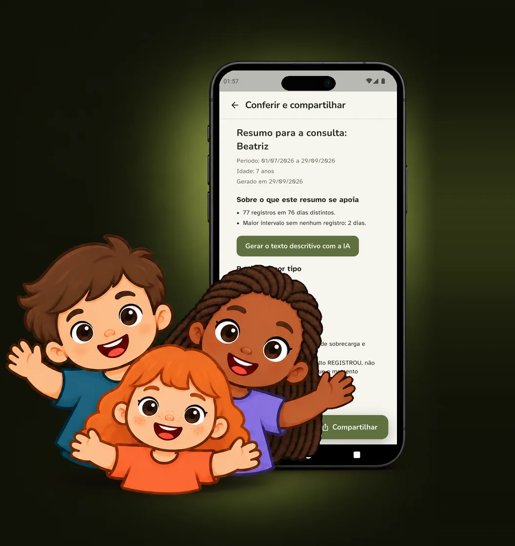 As crianças do Ponte acenando na frente de um celular com o app aberto no resumo para a consulta.